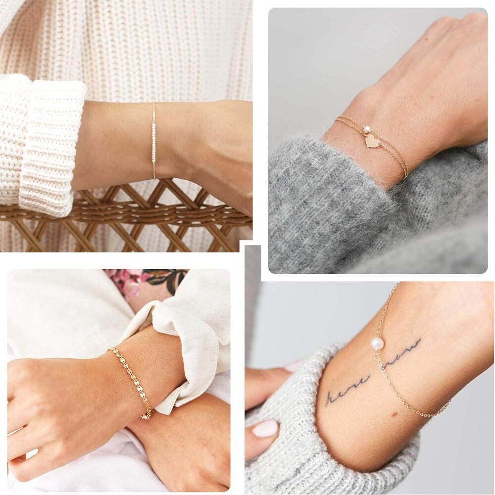 12pcs Simple Silver Gold Bracelets for Women Cute Pearl Bracelet Tiny Charm Dain - Picture 4 of 7